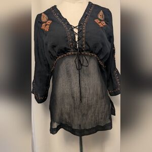 Black Semi Sheer Boho Blouse With Beading, 3/4 Sleeve Slit, Size L